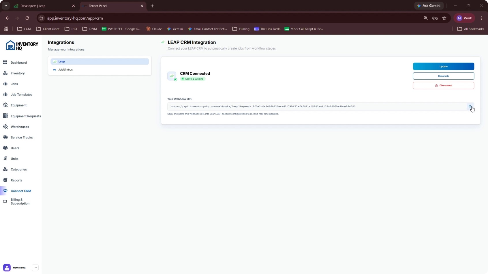 Copy the Webhook URL from InventoryHQ screenshot 1