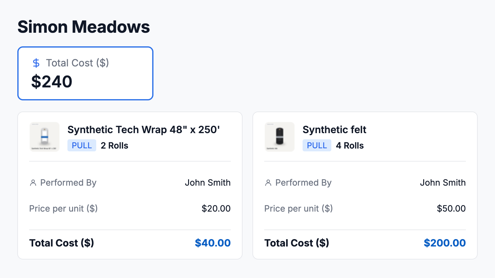Job cost for Simon Meadows: two material pulls with price per unit and a $240 total