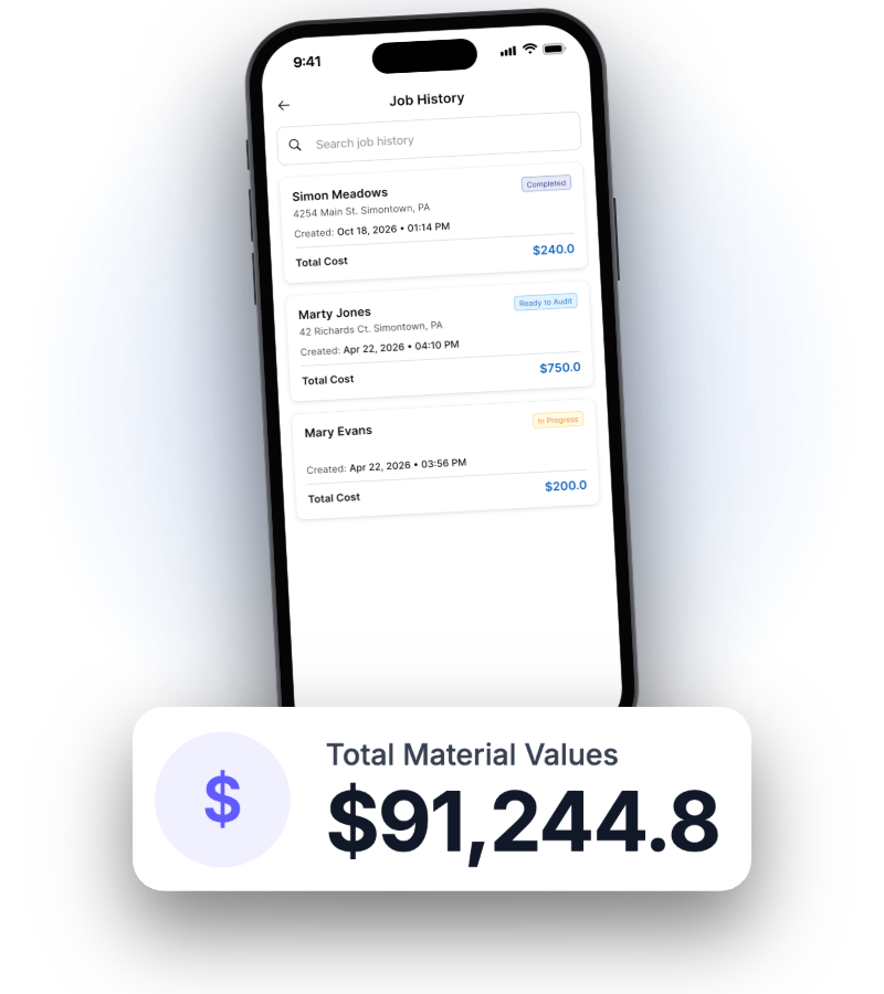 InventoryHQ job history with material cost per job and total material value on hand