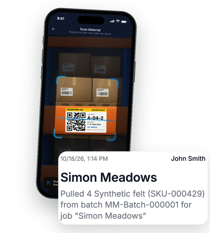Phone scanning a QR label and recording a material pull by job