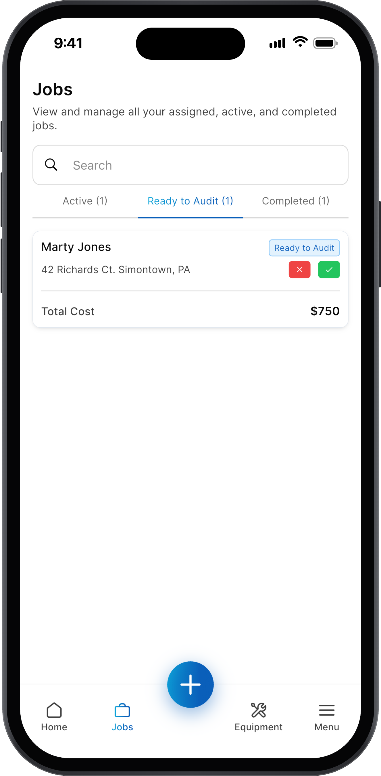 Job ready to audit with approve and reject buttons