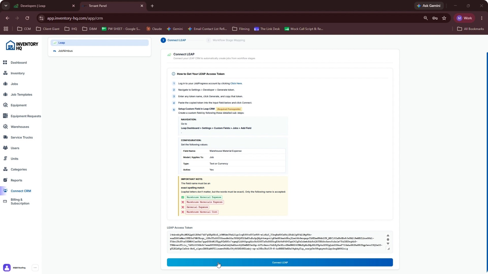 Connect Leap in InventoryHQ Using the API Token screenshot 2