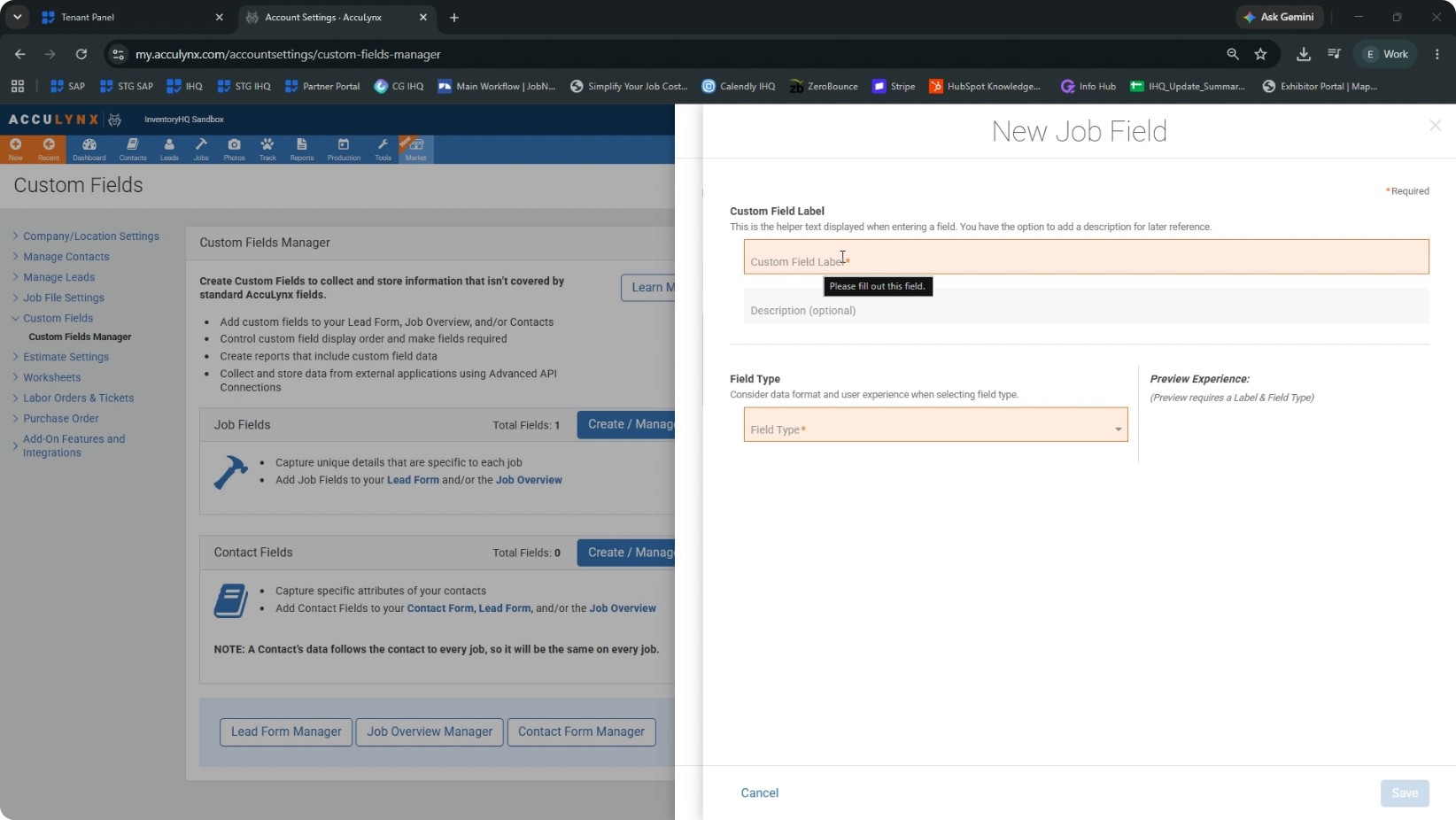 Create the “warehouse material expense” Job Custom Field screenshot 2