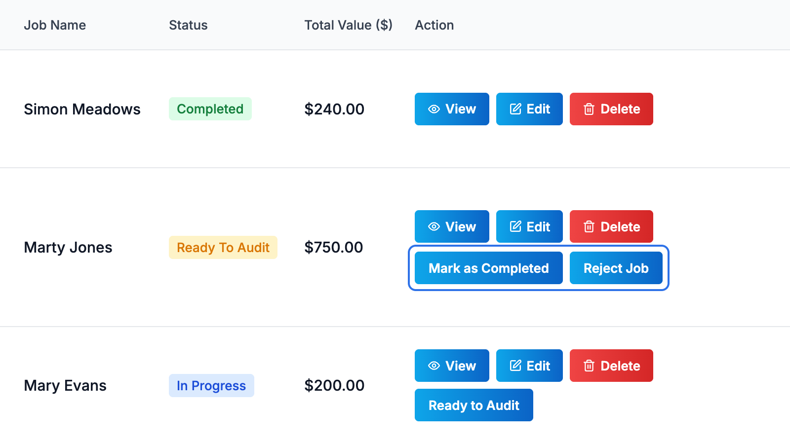 Job approval workflow showing field team submissions ready for office review