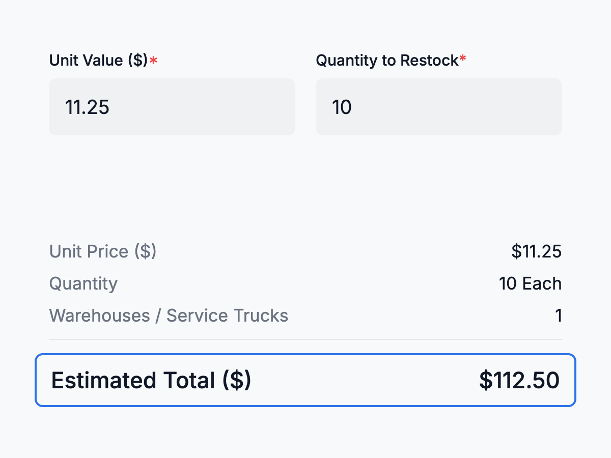 Restock record showing the actual purchase cost of each batch