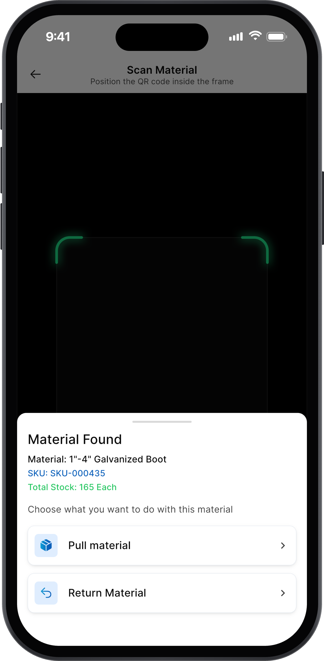 Material found after scanning, with Pull and Return options