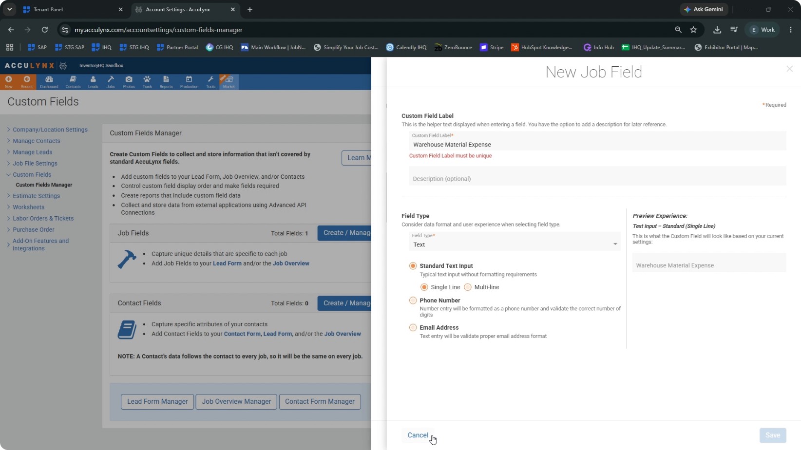 Create the “warehouse material expense” Job Custom Field screenshot 3
